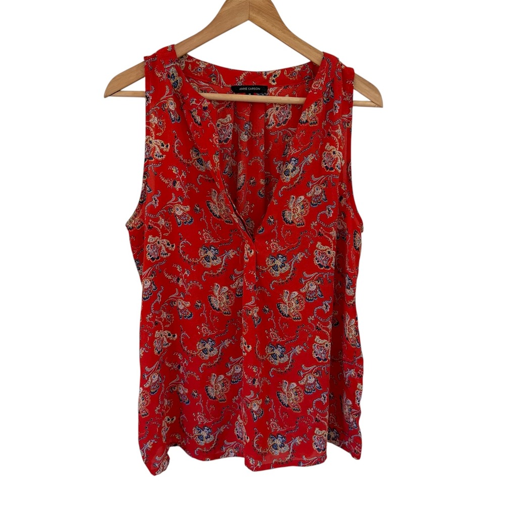 Anne Carson‎ Red Paisley V Neck Sleeveless Flowy Blouse Top Women's Medium